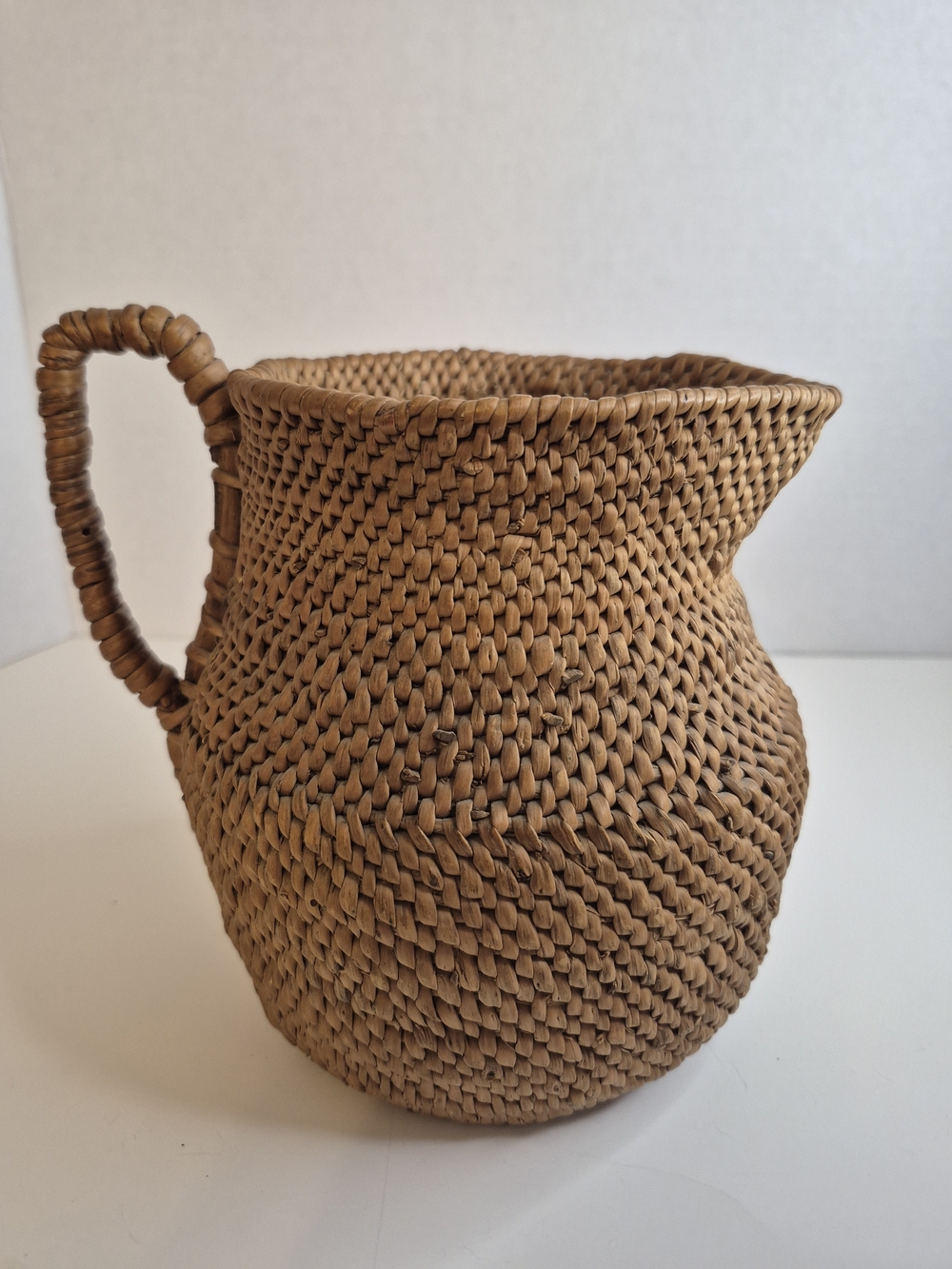 Vintage Woven Rattan Pitcher Vase Wicker Finely Woven Basket Jug with Handle